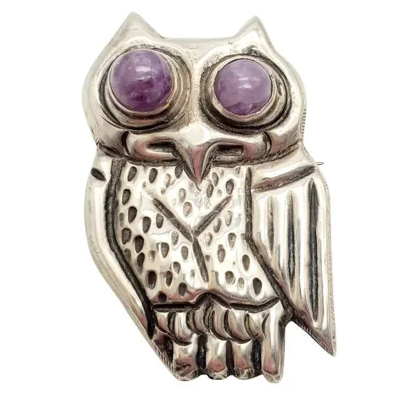 Large Mexican Sterling Silver Owl Brooch Taxco Purple Eyes 925 Artisan Bird Pin - Picture 1 of 11